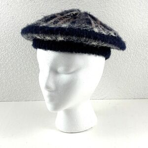 Vintage Aris Plaid Knit Beret Hat Womens OS Navy Blue Fair Isle Tam USA Boho